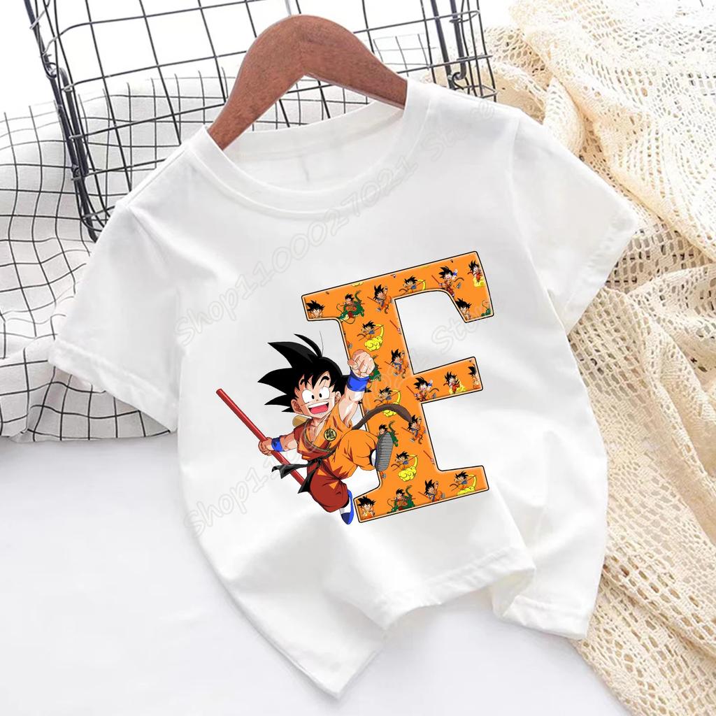 Dragon Ball Goku T-shirt Children A-Z Letter Tee Top Cartoon Summer Fashion White Short Sleeve Clothing Kids Casual Clothes Gift