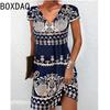 3D Vintage Elegant Ethnic Style Printed Dress Oversized Short Sleeve V-Neck