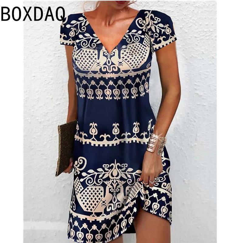 3D Vintage Elegant Ethnic Style Printed Dress Oversized Short Sleeve V-Neck