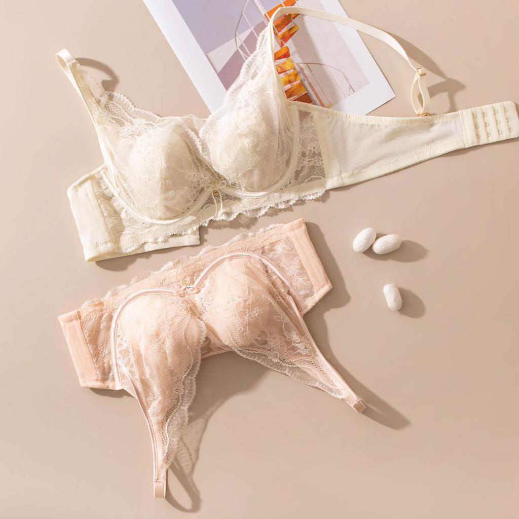 Lace adjustment type gathering bra mulberry silk ultra-thin rabbit ear cup lace