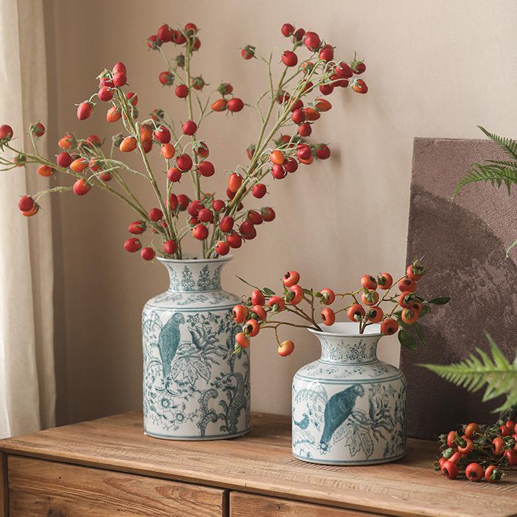 Blue & White Porcelain Vase: Antique Celadon with Flowers & Birds Design for Retro Chinese Décor