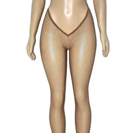 Women's Glittering V-Waist Fishnet Stockings with Silver and Gold Threads for Nightclub or Stage Wear