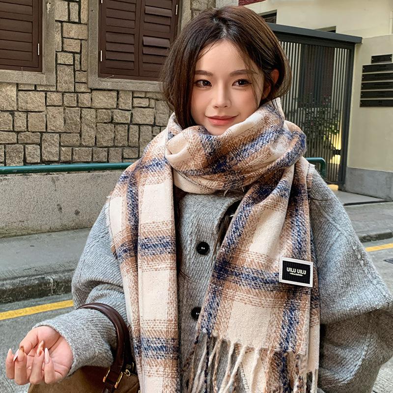 Women Plaid Print Knitted Scarf Headscarf Ladies Casual Sweet Tassel Warm Scarve Mujer Wrap Shawl Student Young Girl New Winter