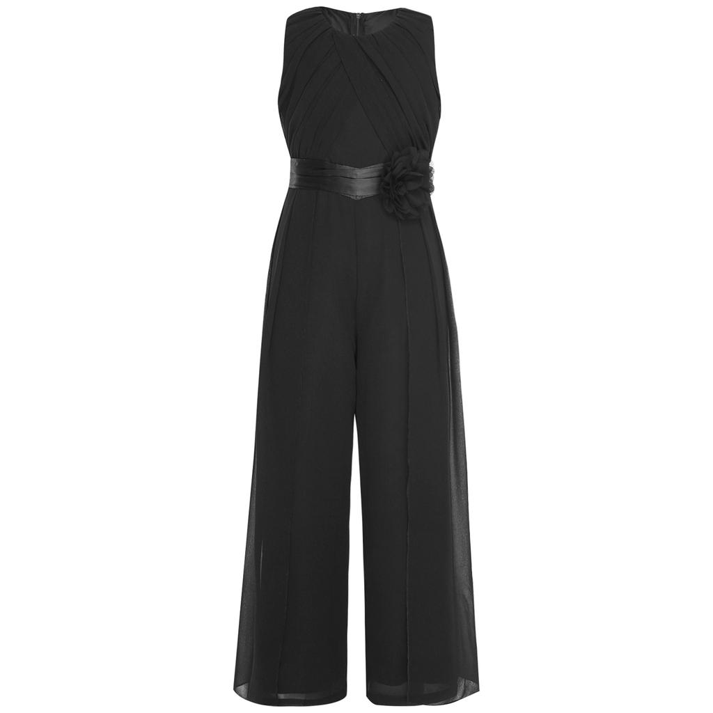 Girls Party Wear Solid Color Sleeveless High Waist Ruffled Chiffon Detachable Flower Wedding Jumpsuit