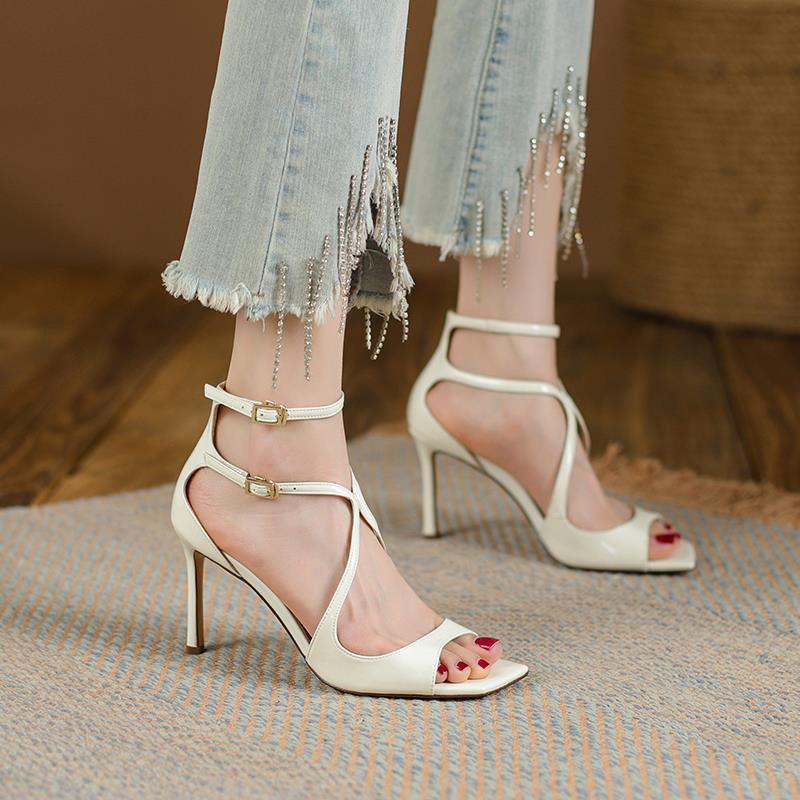 

JC pair of version to cabinet, square head high heels, leather cross strap, summer open-toed sexy sandals for women 6Cm size 40
