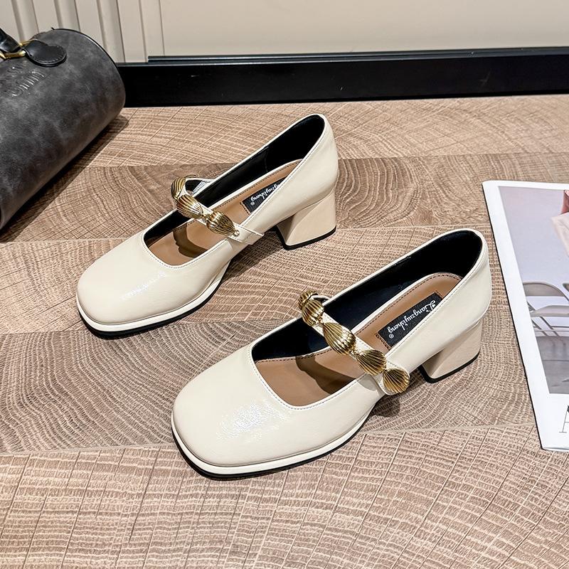 

Retro Mary Jane shoes women s thick heel new one-word strap single shoes versatile small leather shoes thick heel high heels 39
