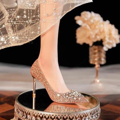 8777-3 Rhinestone stilettos: Franču stila vakara un kāzu augstpapēžu kurpes sievietēm