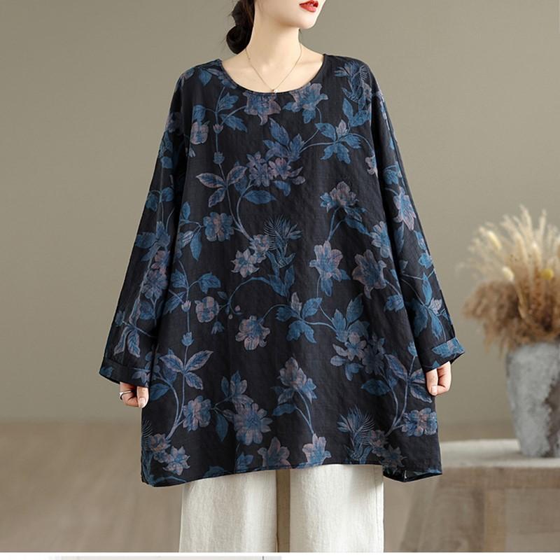 long sleeve Oversized cotton vintage floral Casual loose t shirt tops Women spring autumn t-shirt