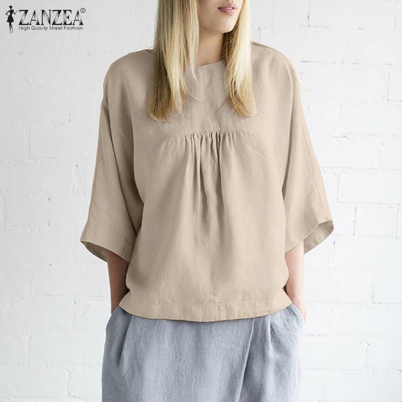 

ZANZEA Женская повседневная летняя блузка с круглым вырезом и рукавами 3/4