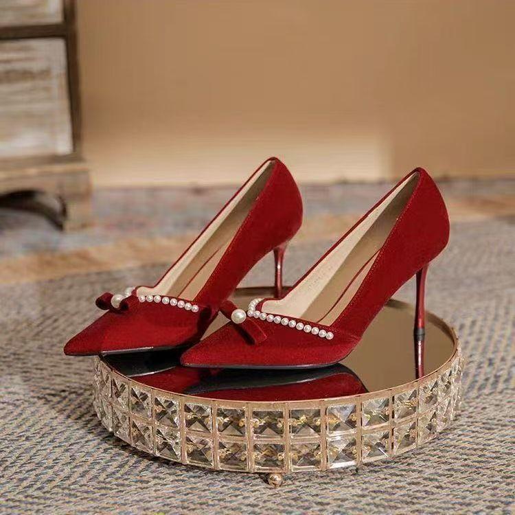2025 spring and autumn new wedding shoes show clothes wedding dress two wear single shoes bride shoes thin heel pearl red high heels
