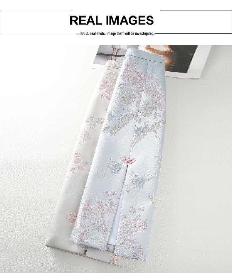 2026 New Chinese Style Embroidered Slit Midi Skirt for Women - Slimming, Hip-Hugging, Ideal for Spring and Autumn