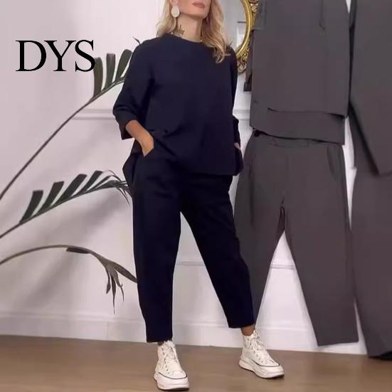 Ninth Pants Set 2 Pcs/Set Women Sweatshirt Round Neck Long Sleeves Top Elastic Spring Sport Outfit Waist Wide Leg Sweatpants Autumn Casual Commuting