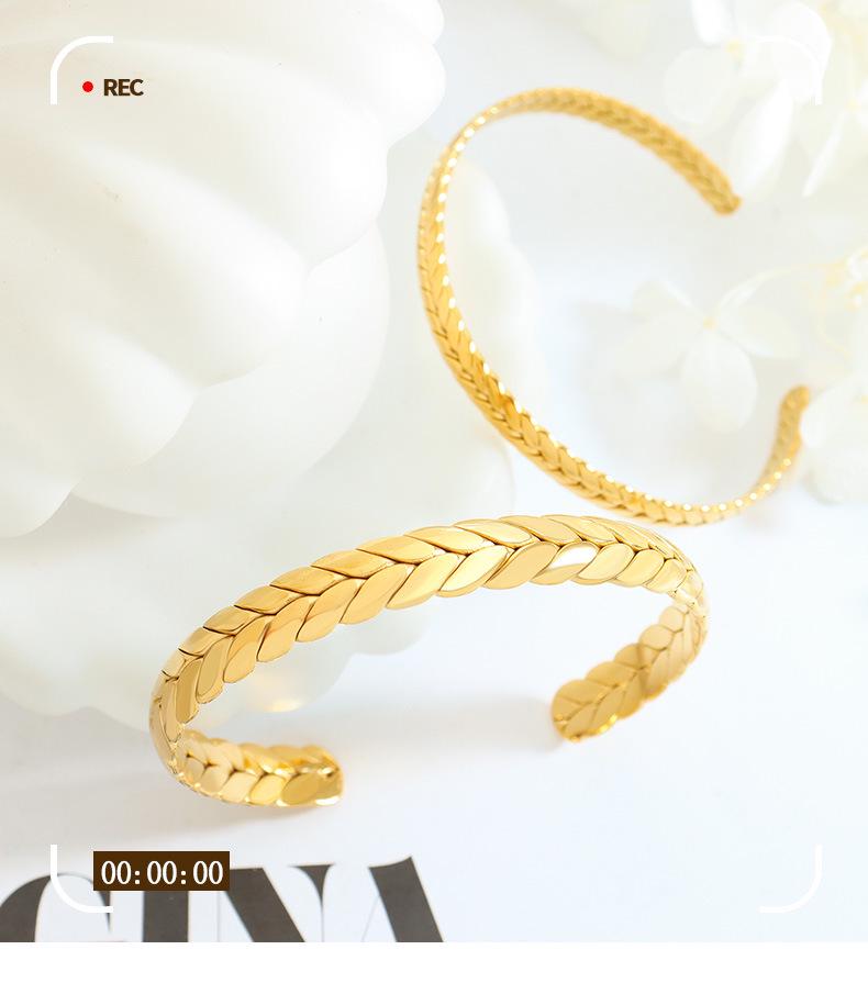 European & American Geometric Adjustable Wheat Ear Bangle and Ring Set for Women – Titanium Steel Jewelry