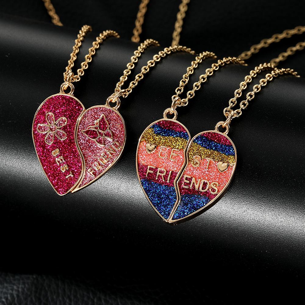 Colorful Glitter Design Broken Heart Best Friends Golden Necklace Set Of 2 For Girls Ladybro Friendship Chain Jewelry Gift