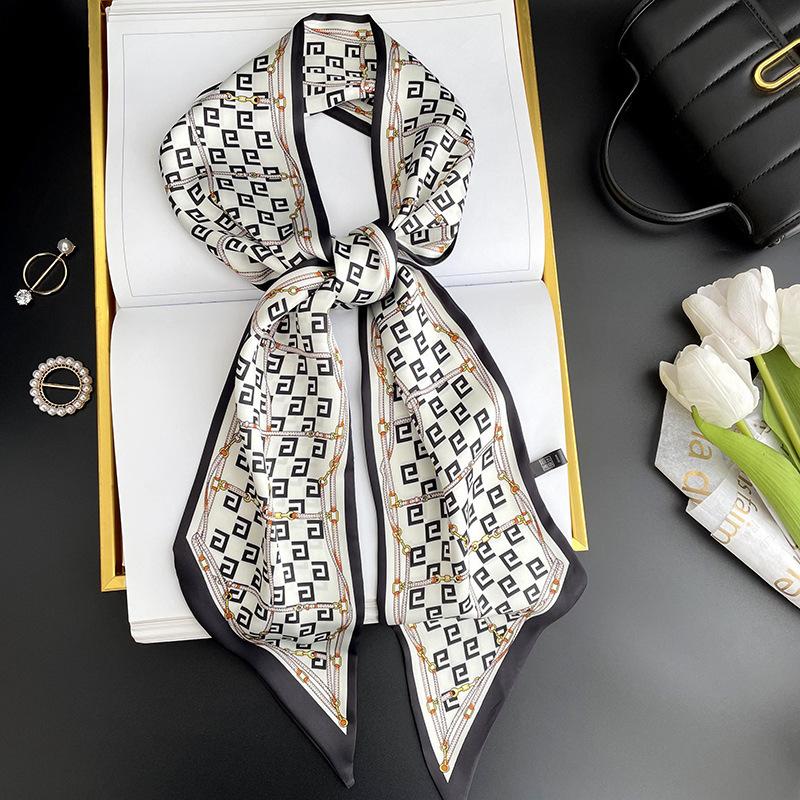 Simulated silk scarf, high-end women's headband, decorative scarf, streamer, fresh color matching, rhombus small scarf, headband.