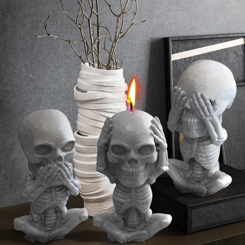 Cute Skull Silicone Candle Mold DIY Halloween Aromatic Candle Making Supplies Resin Soap Mold Christmas Gift Craft Home Decor Not See/Listen/Speak