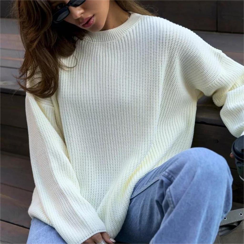 Einfarbiger Rundhals-Pullover Herbst Lockerer Strickpullover Ins Pullover Pullover Damen