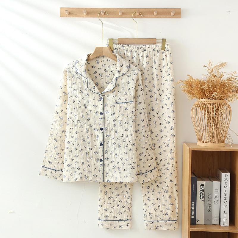 Women's Floral Double-Layer Cotton Gauze Pajama Set - Long Sleeve, Spring/Autumn