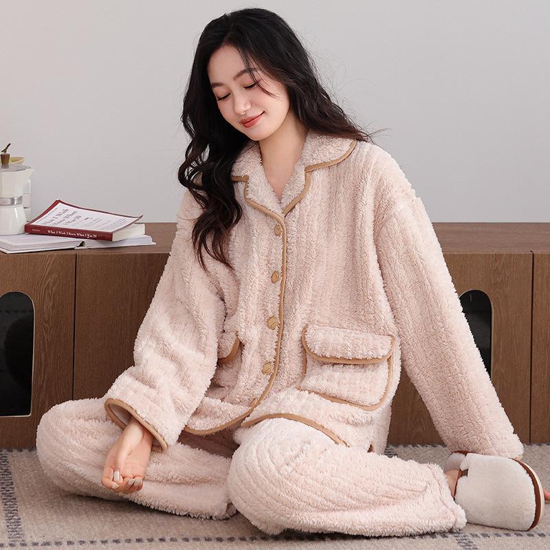 Couple pajamas winter warm coral fleece men's long-sleeved trousers high-end women's flannel loungewear set