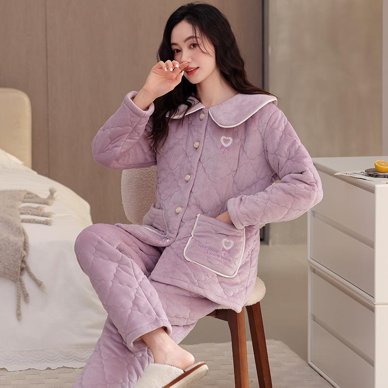 Pajamas Women'S Winter Three-Layer Fleece Thickened Coral Fleece Large Size Warm Clip Padded Jacket Homewear Winter Padded Jacket Set