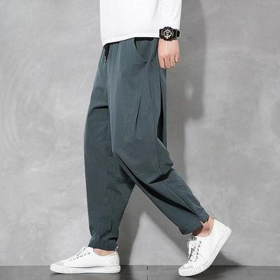 Streetwear Men Cotton Trousers Casual Solid Color Long Pants Breathable Drawstring Straight Pants Harem Pants Men Baggy Pants