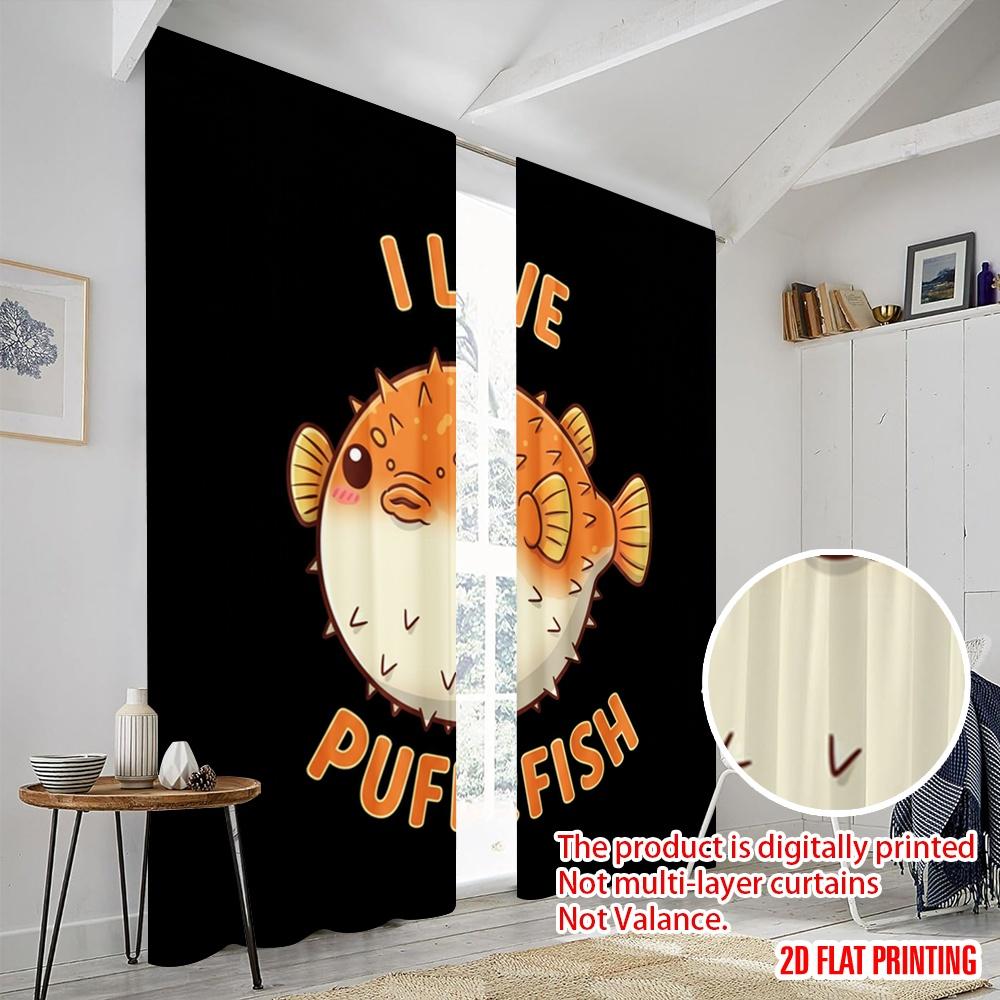 2pcs 2D Flat Printing Window Curtains Cute Pufferfish Design Polyester Without Electricity Birthday Party for All Season