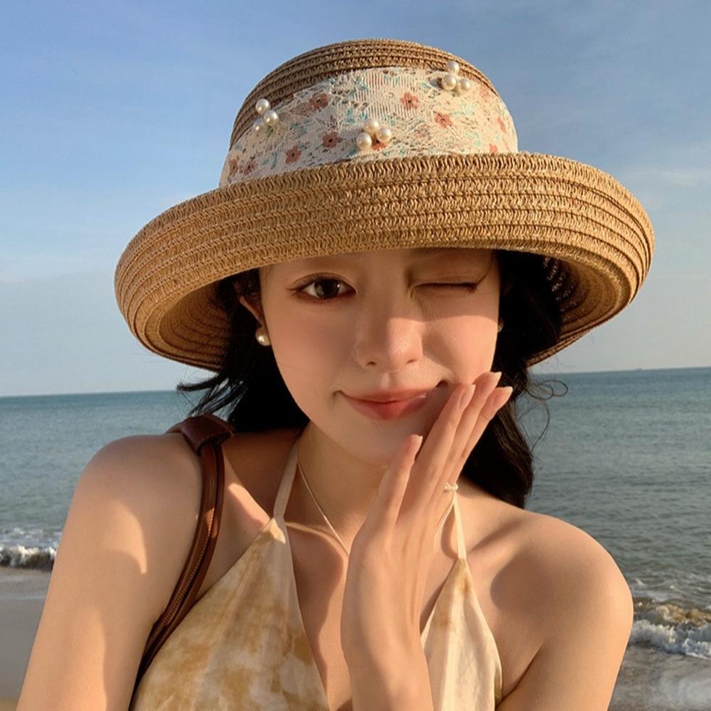 Adjustable Flower Fisherman Cap Large Brim Wide Brim Sun Hat Fashion Lace Bowknot Straw Hat  Summer