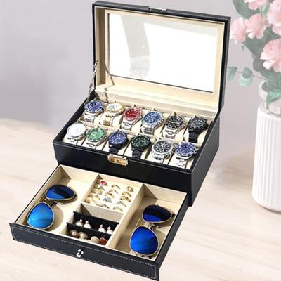 12 Slot PU Leather Lockable Watch Storage Boxes Men & Women's Jewelry Display Drawer Case 2-Tier Organizer Watch Showcase Box