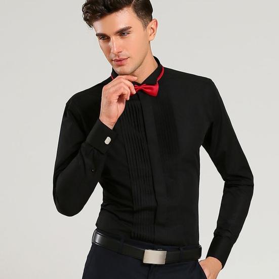 Bridegroom Shirt Top with Bow Ties Solid Color Long Sleeve Lapel Button-up