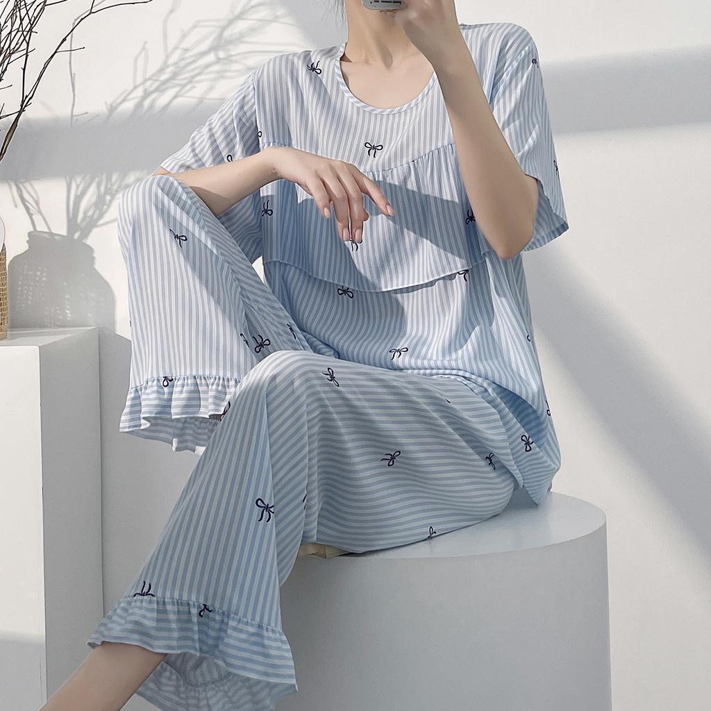 Short-sleeved Trousers Cotton and Silk Pajamas Women's Summer Thin Suit Japanese Sweet Anti-bumps Can Be Worn Outside Cotton Silk Loungewear