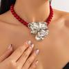 Stylish Three-Dimensional Metal Flower Pendant Necklace, Retro Red Beaded Collarbone Necklace