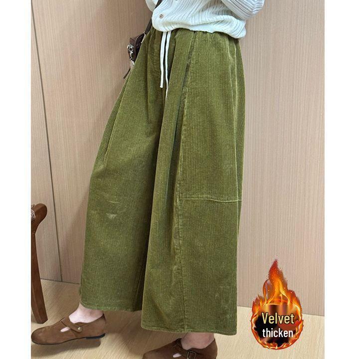 Korean Style Slimming Wide-Leg Corduroy Wool Pants for Women