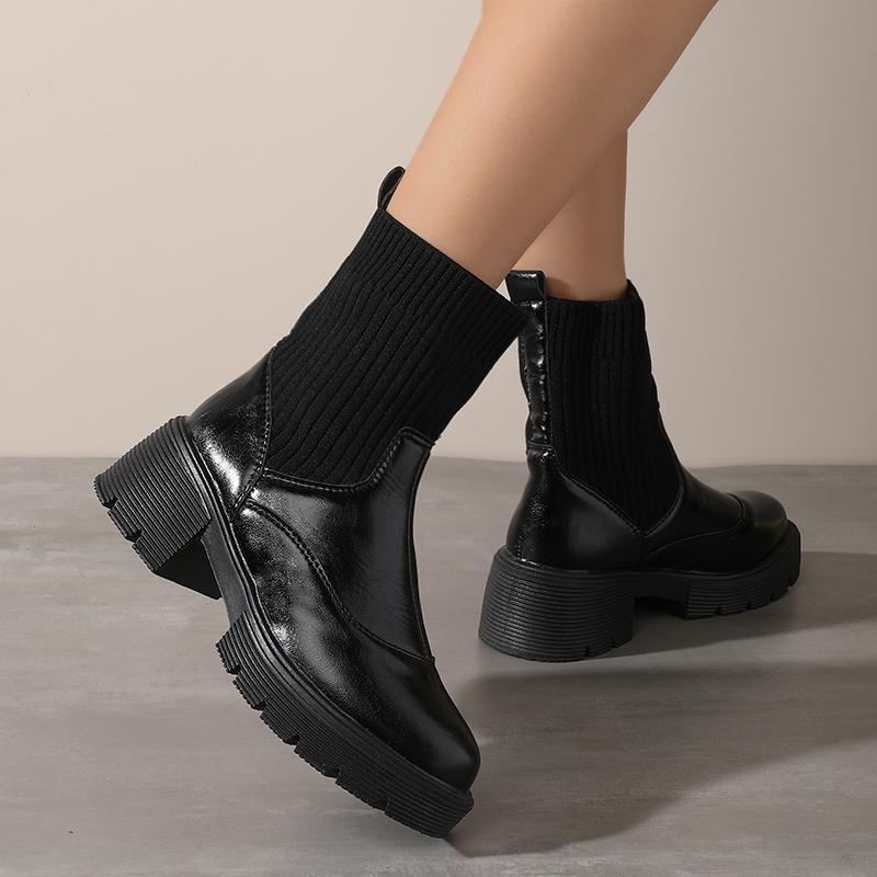 Popular Women's Winter Mid - Calf Slim - fit Fleece - lined Boots, Elastic Sock Boots, Chunky - heel Fashion Boots