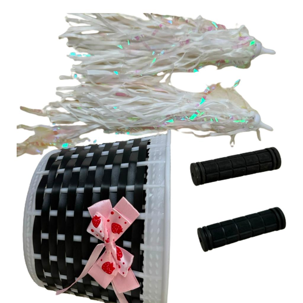 Cesto intrecciato in plastica per biciclette per bambini, nastrini, manopola manubrio, manubrio anteriore staccabile, decorazione cestino per bicicletta