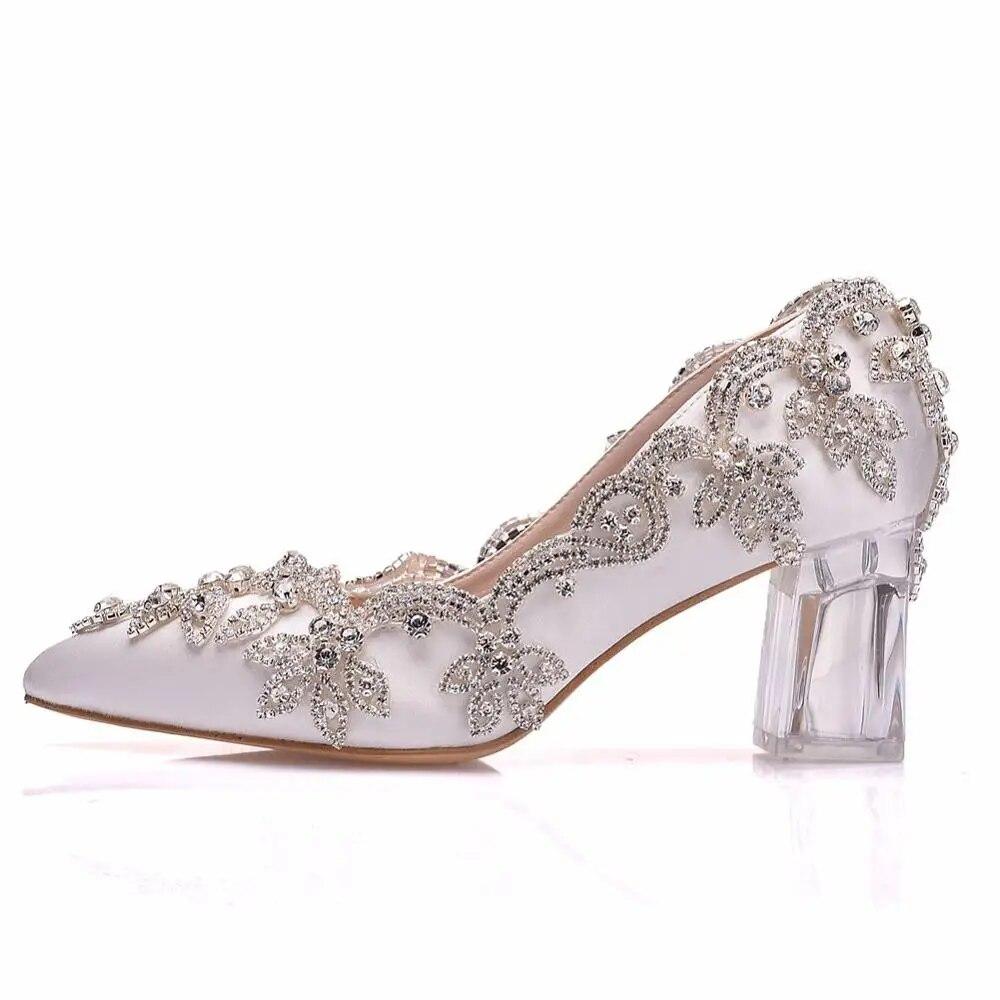 Hochzeitsschuhe Braut Transparente Pumps Weihnachten Abend Party Luxus Satin Seide 7 cm quadratische High Heels
