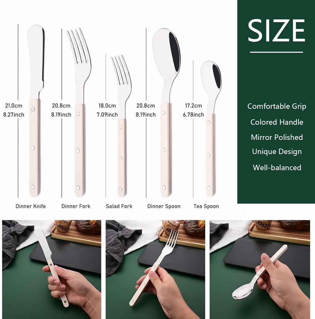 20 PCS Stainless Steel Flatware Set Service for 4, Retro Style  Tableware Forks Spoons Knives Eating Utensils, Acrylic Handle with Rivets Design