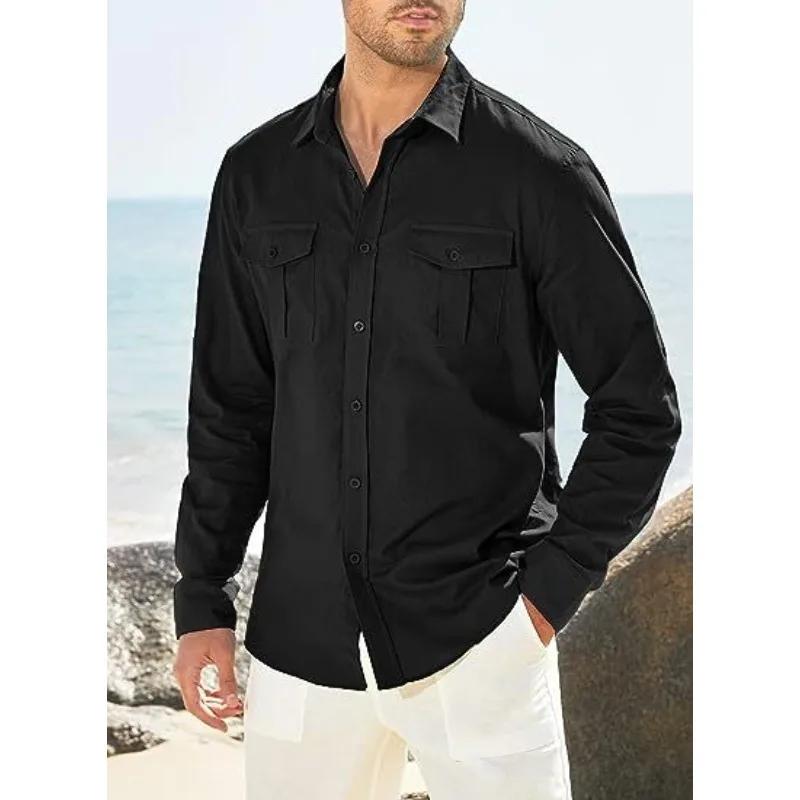 

Cotton Linen Long-sleeved Shirt Casual Vaion Shirt Business Men s Single-breasted Shirt Double Pocket XXXL чорний