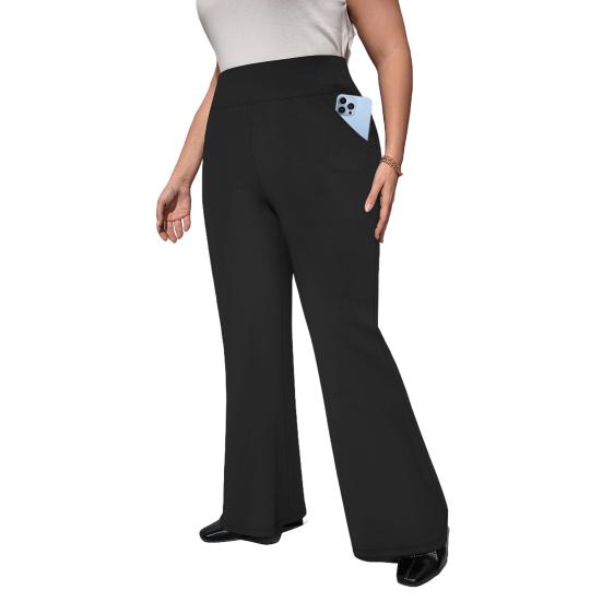 High Waist Yoga Pants Full-Length Women Leggings with Elastic Waist Solid Color Pockets Sport Style Flared Pants