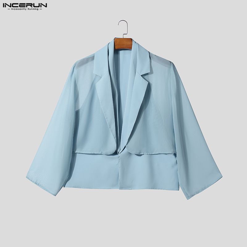 INCERUN Men Sets 3/4 Sleeve Mesh Sheer Layers Tops and Long Pants Casual Suits