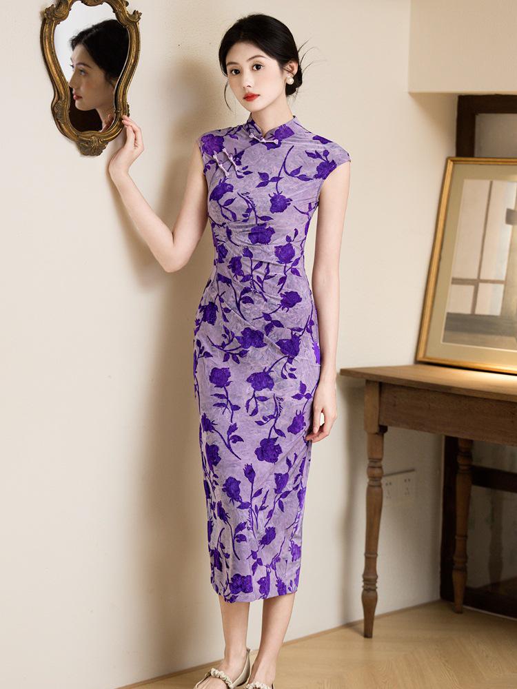 Exquisite 2025 Summer Rose Print Purple Qipao - New Chinese Style Dress for Young Girls