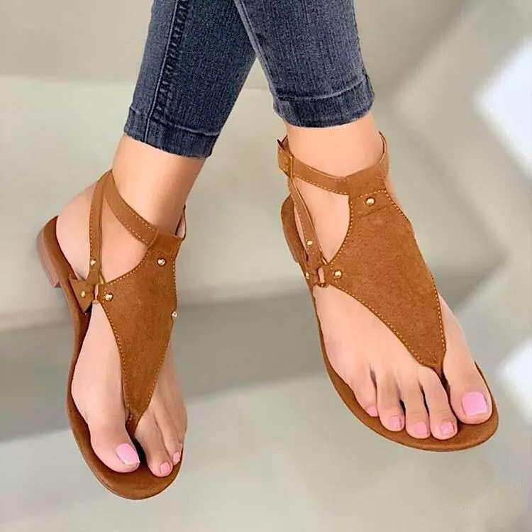 Women's Large Size Flat Bottomed Sandals Shoes Summer Casual Suede Hollow Beach Sandals Solid Color 35-43