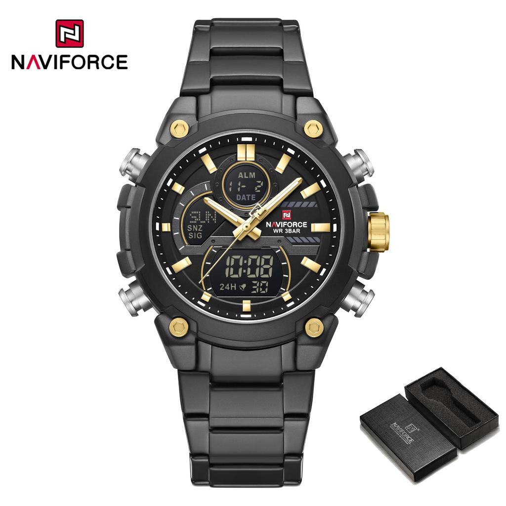Naviforce Men Dual Time Watch Quartz Movement LCD Digital Chronograph Luminous Hands Stainless Steel Strap Waterproof Men Watch NF9278
