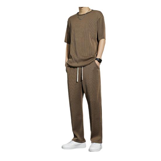 

1 Set Men Summer T-shirt Pants Sports Set Round Neck Short Sleeves Pullover Top Drawstring Trousers Two-piece Set Indoor Outdoor Loose Casual Wear L коричневий