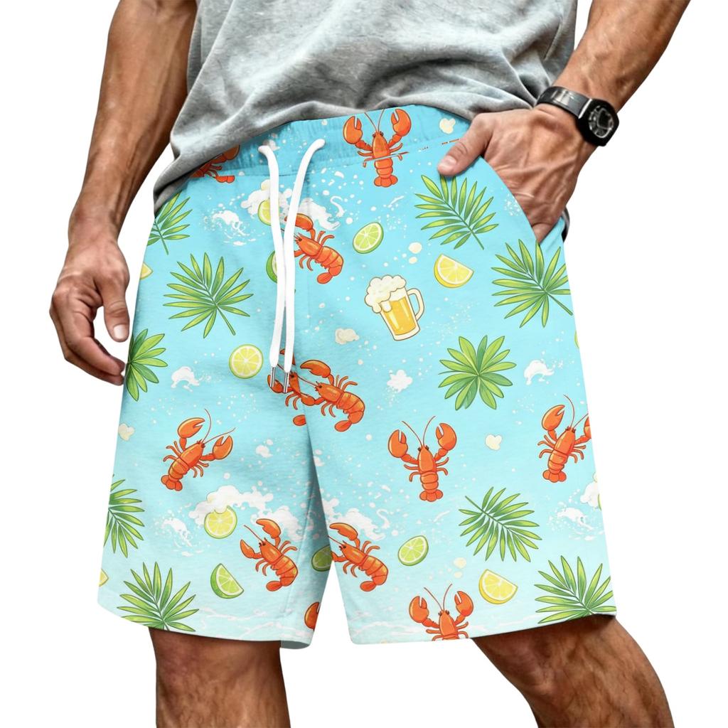 Men's Hawaiian Print Mesh Shorts with Drawstring Elastic Waist for Summer Beach and Casual Wear