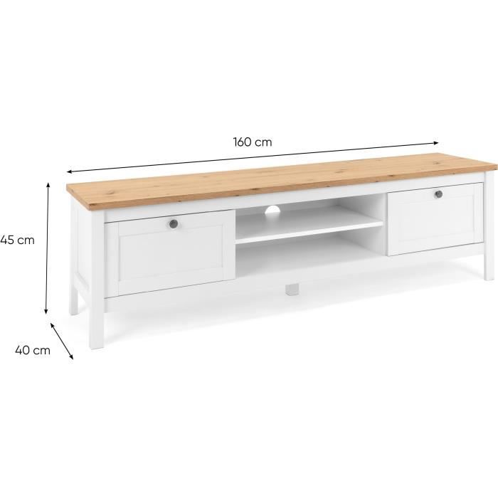 2-drawer TV Cabinet - Artisan Oak and White Decor - L 160 X D 45 X H 40 Cm - BERGEN
