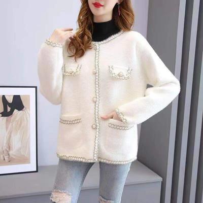 Spring and Autumn Cardigan O Neck Top Loose Versatile Small Fragrance Imitation Mink Fleece Sweater Knit Cardigan Jacket Women
