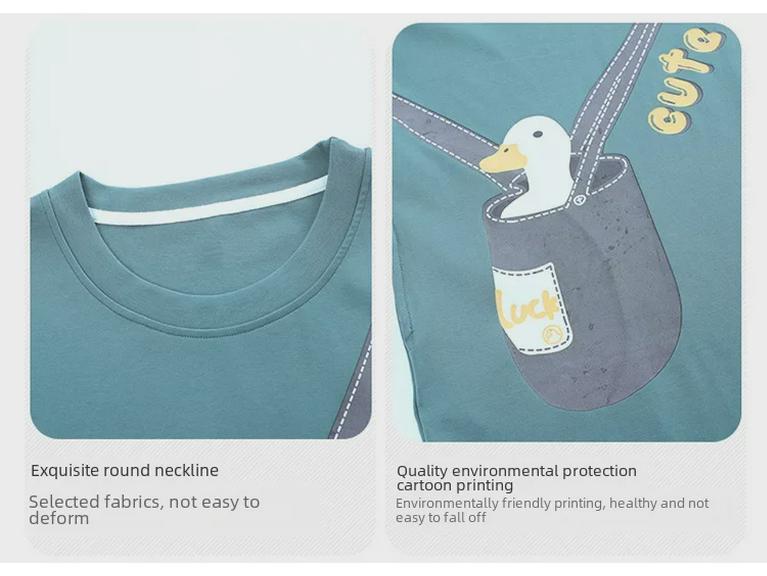 Süßes Sommernachthemd aus Baumwolle mit Cartoon-Motiv für Damen – Kurzarm, lockere Passform, koreanischer Stil, mittellanger Rock