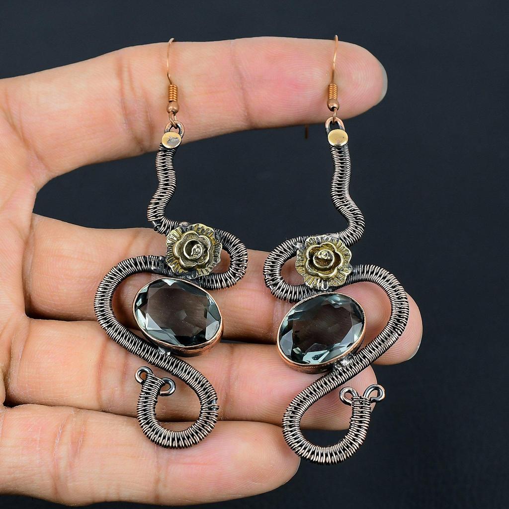 Aqua Apatite Earrings, 999 Copper Wire Wrapped Earrings Handmade Gemstone Jewelry, Gifts For Wife Brand New Earrings