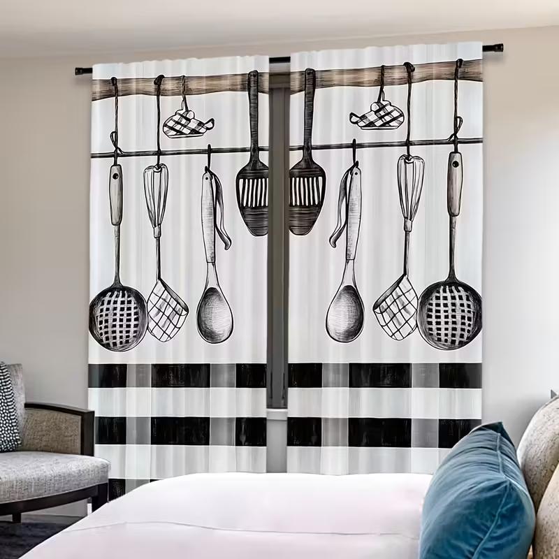 2pcs Kitchen Utensil Gingham Curtains   Light Filtering   Polyester   Farmhouse Cafe Window Decor   Rod Pocket