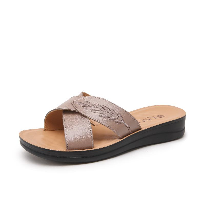 Echtes Leder Damen Sommer Rutschfeste Flache Sandalen für Draußen